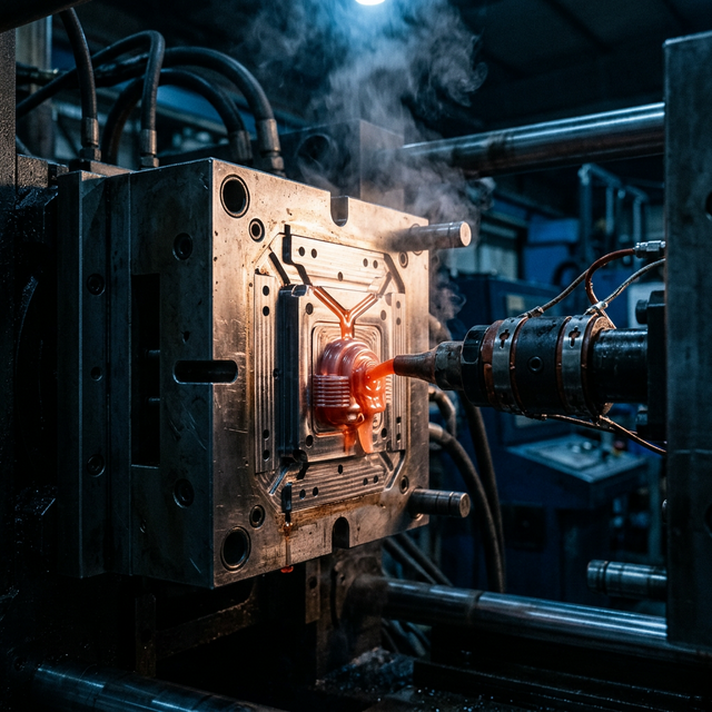 Injection molding machine in operation