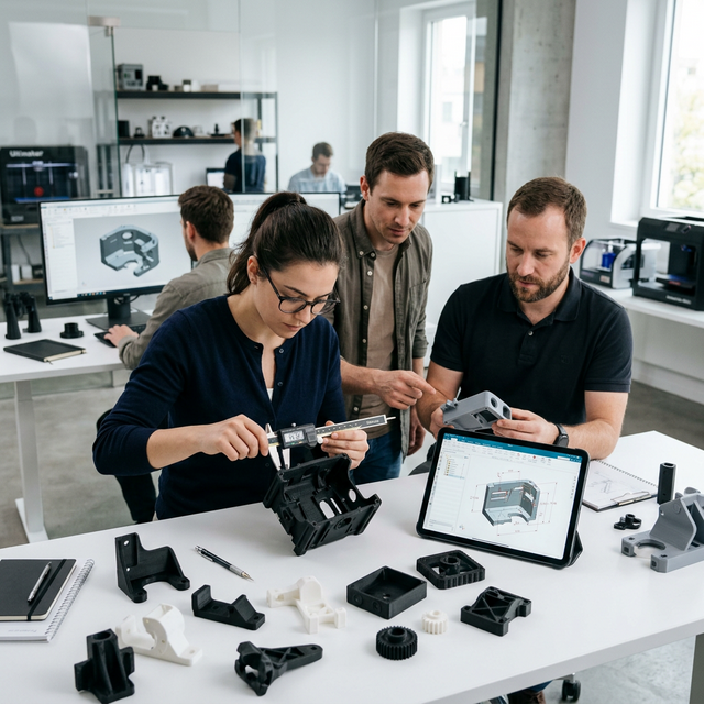 Product development engineers reviewing prototypes